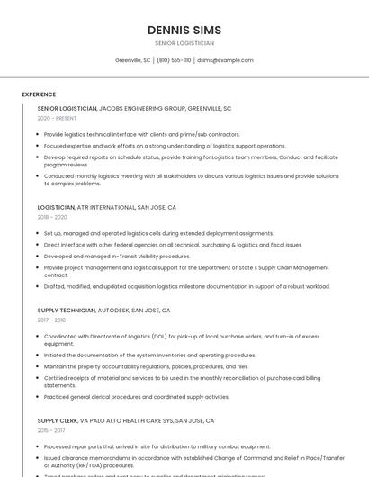 Senior Logistician Resume