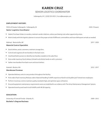 Senior Logistics Coordinator Resume