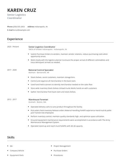 Senior Logistics Coordinator Resume