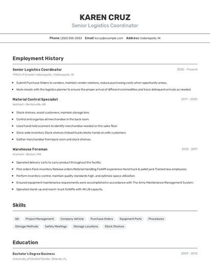 Senior Logistics Coordinator Resume