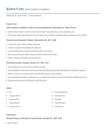 Senior Logistics Coordinator Resume