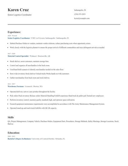 Senior Logistics Coordinator Resume