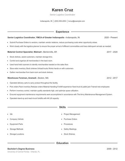 Senior Logistics Coordinator Resume