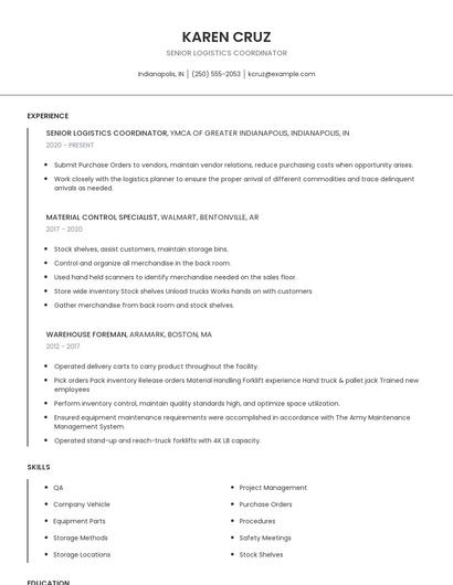 Senior Logistics Coordinator Resume