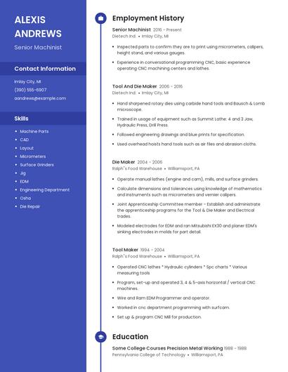 Senior Machinist Resume