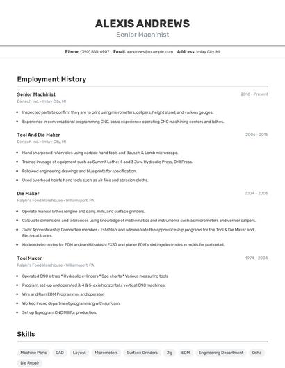 Senior Machinist Resume
