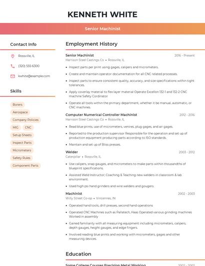 Senior Machinist Resume