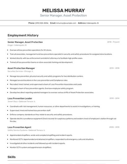 Senior Manager, Asset Protection Resume