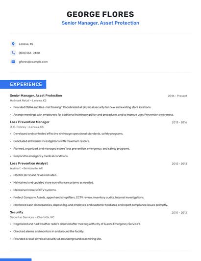 Senior Manager, Asset Protection Resume