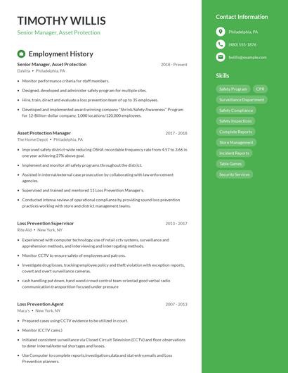 Senior Manager, Asset Protection Resume
