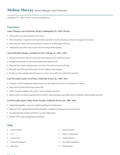 Senior Manager, Asset Protection Resume