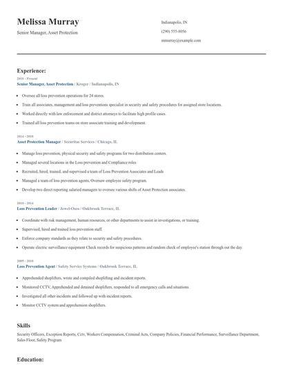 Senior Manager, Asset Protection Resume