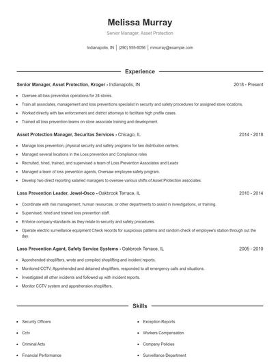 Senior Manager, Asset Protection Resume