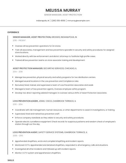 Senior Manager, Asset Protection Resume