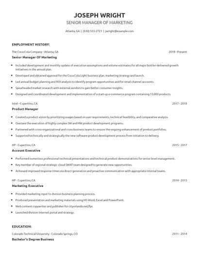 Senior Manager Of Marketing Resume