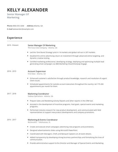 Senior Manager Of Marketing Resume