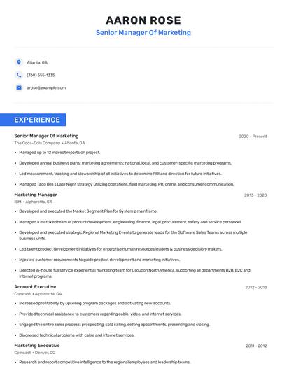 Senior Manager Of Marketing Resume