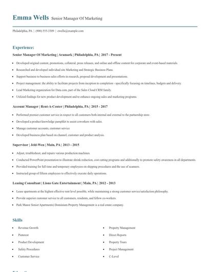 Senior Manager Of Marketing Resume