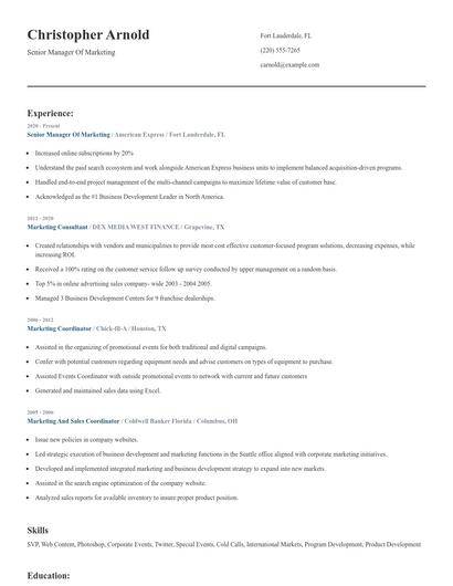 Senior Manager Of Marketing Resume