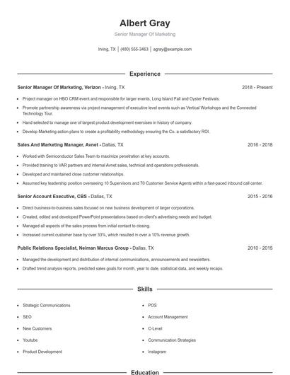 Senior Manager Of Marketing Resume