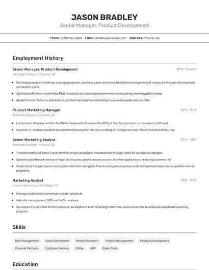 Senior Manager, Product Development Resume