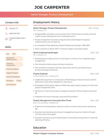 Senior Manager, Product Development Resume