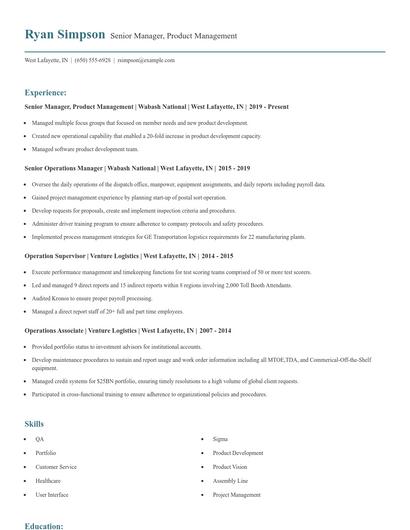 Senior Manager, Product Management Resume