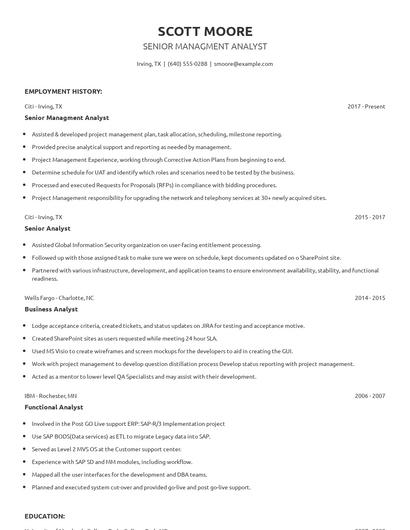 Senior Managment Analyst Resume