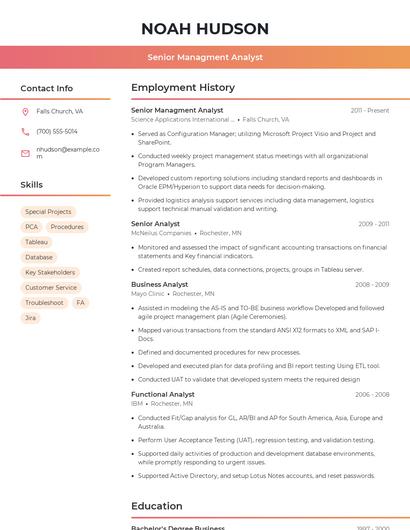 Senior Managment Analyst Resume