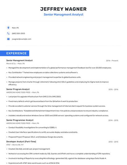 Senior Managment Analyst Resume