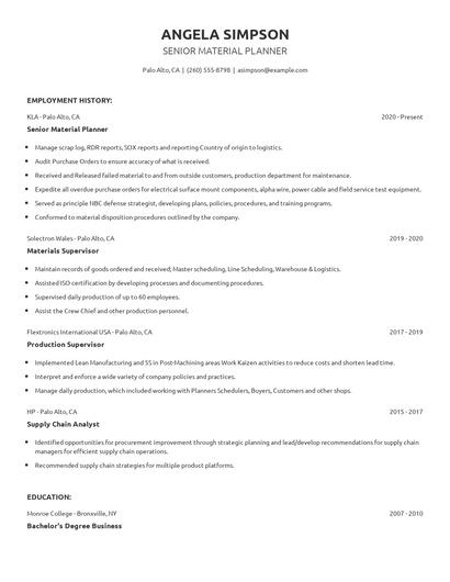 Senior Material Planner Resume