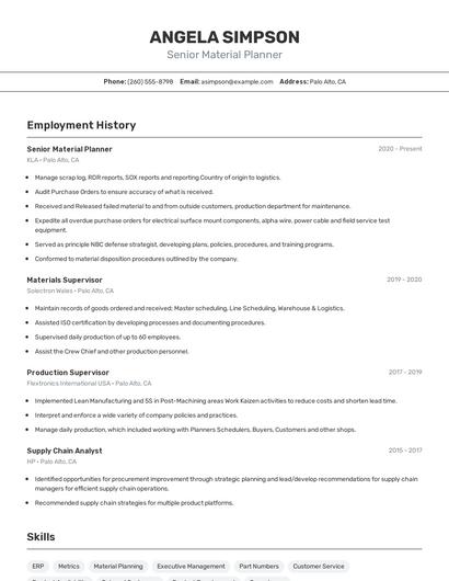 Senior Material Planner Resume