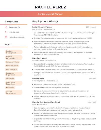 Senior Material Planner Resume