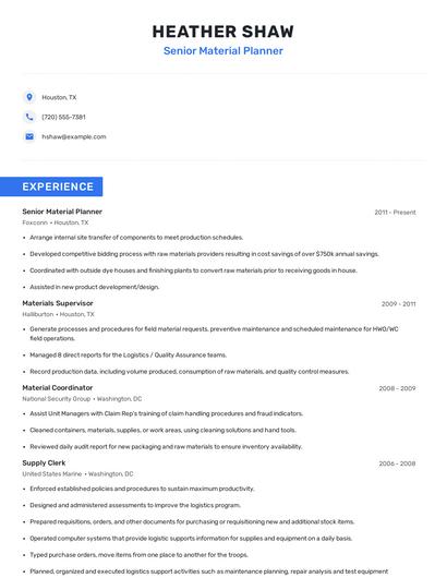 Senior Material Planner Resume