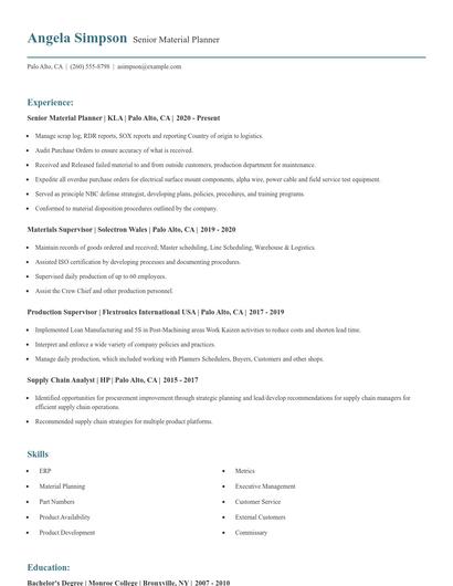 Senior Material Planner Resume
