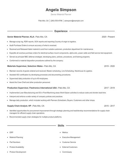 Senior Material Planner Resume