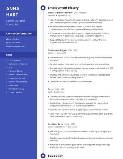 Senior Material Specialist Resume