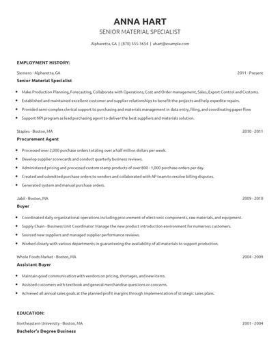 Senior Material Specialist Resume