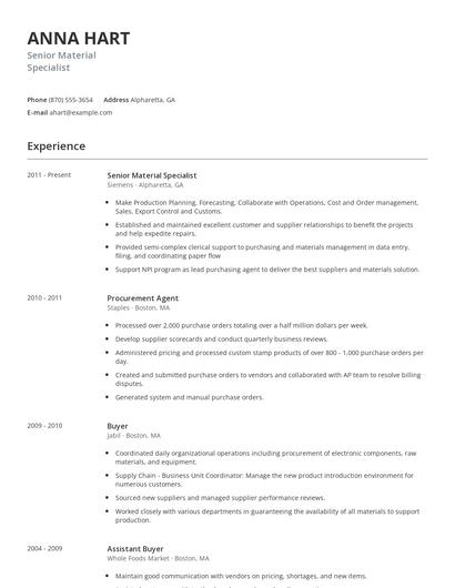Senior Material Specialist Resume
