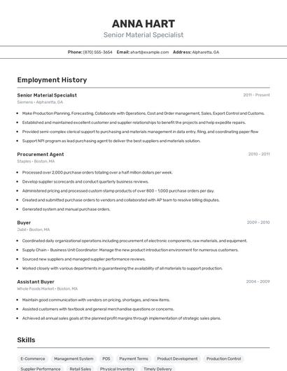 Senior Material Specialist Resume