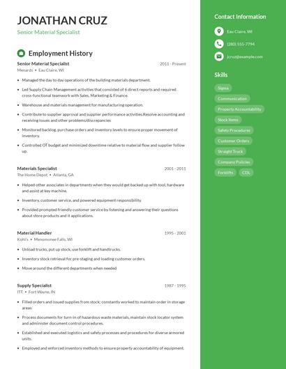 Senior Material Specialist Resume