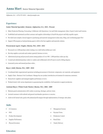 Senior Material Specialist Resume