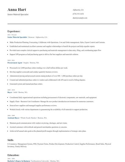 Senior Material Specialist Resume