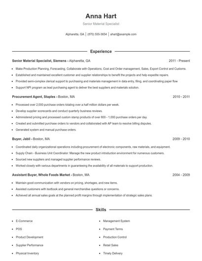 Senior Material Specialist Resume