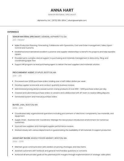 Senior Material Specialist Resume