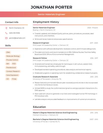 Senior Materials Engineer Resume