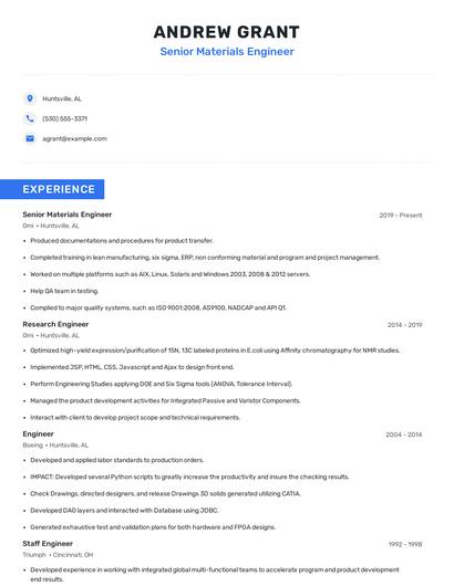 Senior Materials Engineer Resume