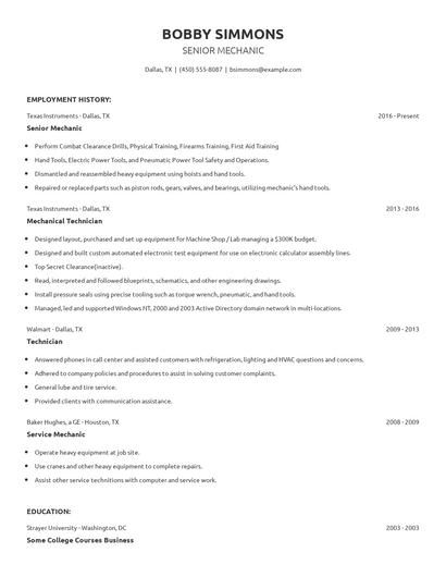 Senior Mechanic Resume