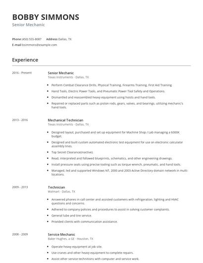 Senior Mechanic Resume