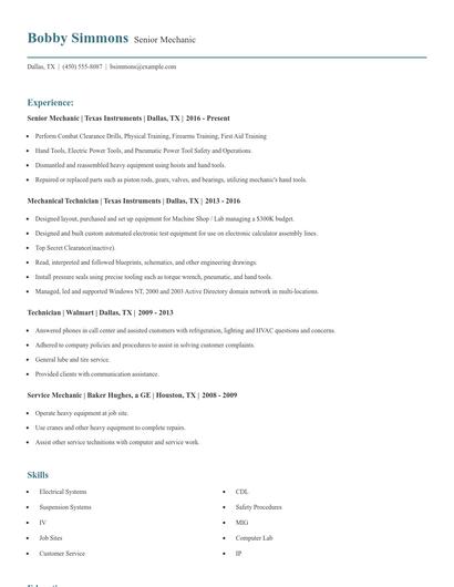 Senior Mechanic Resume